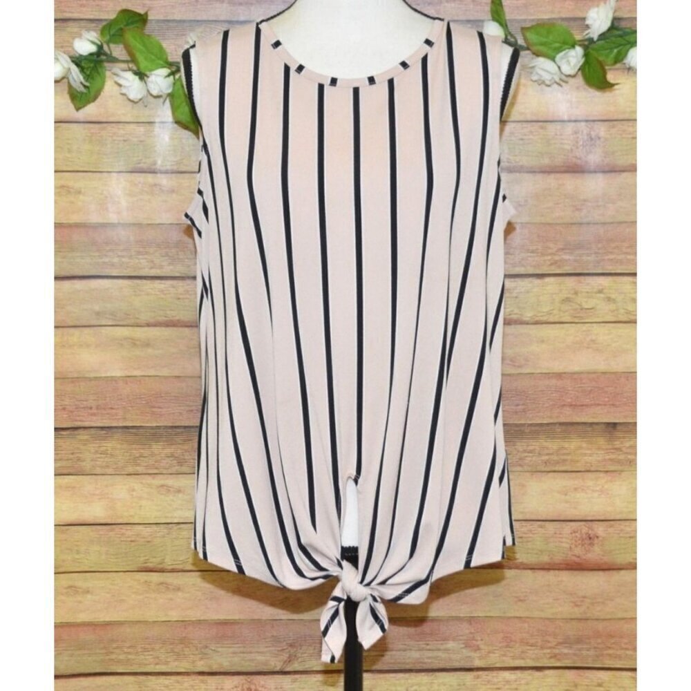 Adriana Papell Beige/Pink & Black Striped Tie Front Sleeveless Blouse Ladies M O